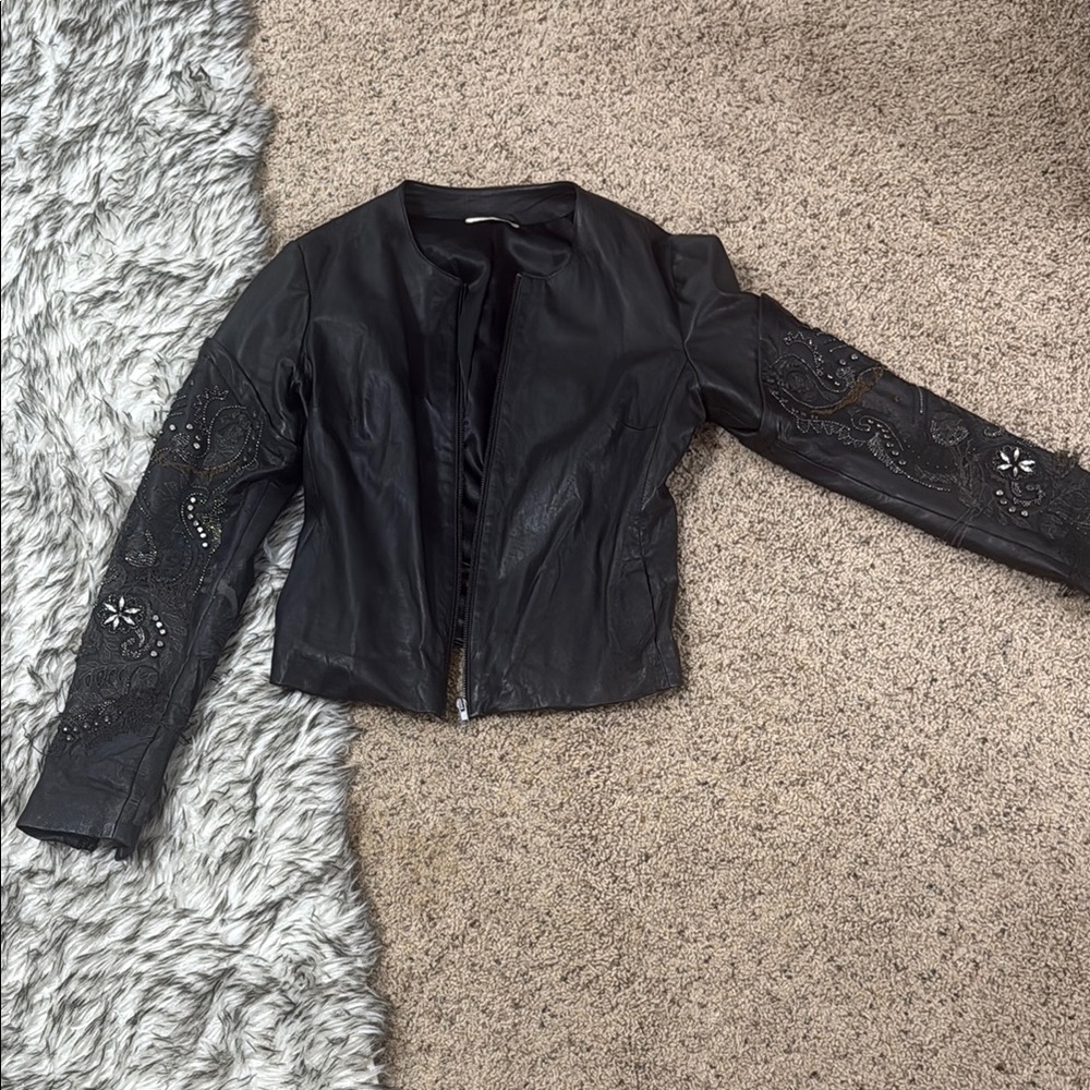 Amen Black Women's Leather Jacket with Embellishments